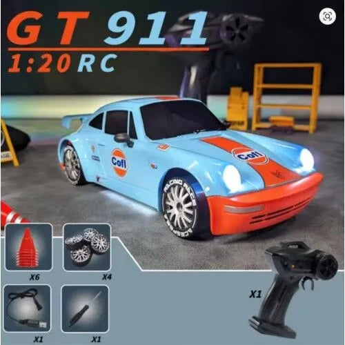 1:20 RC Drift Car – Remote Control Racing Car with LED Lights, Extra Wheels, Tools & 6 Cones | Blue & Orange Toy Car Gift for Boys