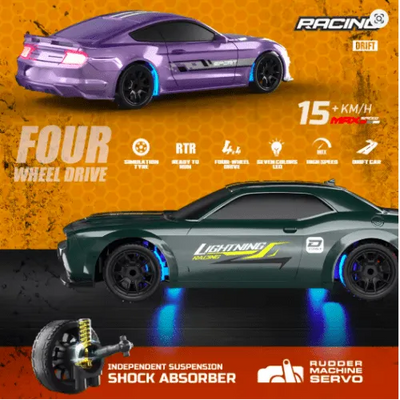 2.4G 4WD High-Speed Remote Control Racing Car with LED Lights, Full-Scale RTR Mini Drifting Vehicle for Kids & Boys