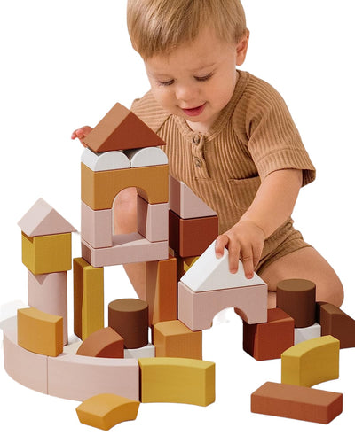 Wooden Blocks for Toddlers 1-3 Large Wooden Building Blocks, Toddler Blocks Toys with Storage Bag, Innovative Shapes & Variety Colors to Build More Combinations(34PCS)