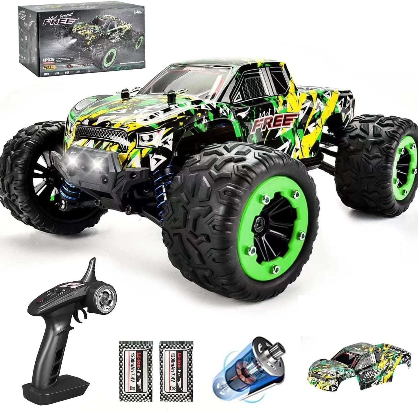 Remote Control Car, 1:18 Scale 2.4Ghz All-Terrain RC Cars, 40+km/h High Speed Remote Control Car, 4x4  Waterproof Off -Road RC Monster Trucks with 2 Batteries, Fast 2.4GHz All Terrain Toy Trucks ,for 40Min Play, RC Toys Gifts for Boys - Toyigo