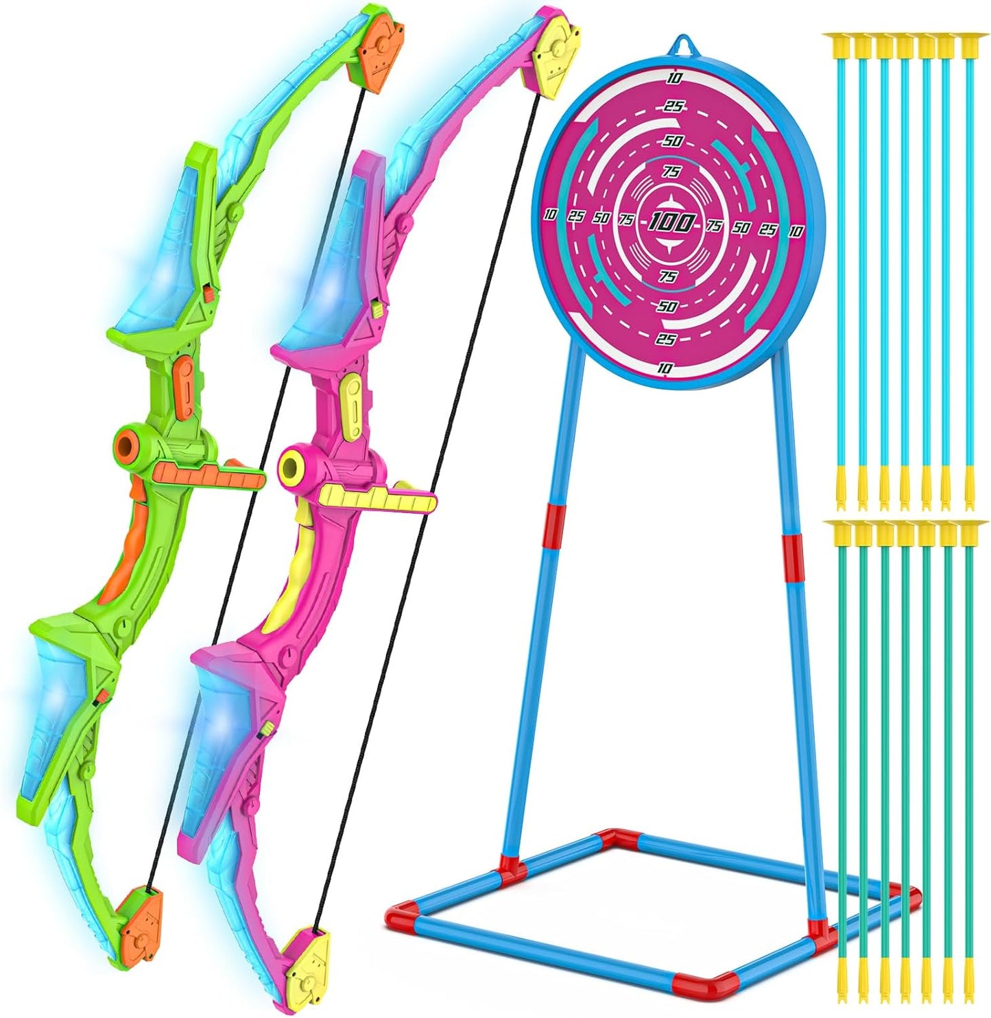 Bow and Arrow Set with LED Flash Lights, 2 Pack Kids 14 Suction Cup Arrows and Fluorescence Standing Target-Perfect Indoor and Outdoor Archery Set Toy Gift for Boys and Girls Ages 4-12