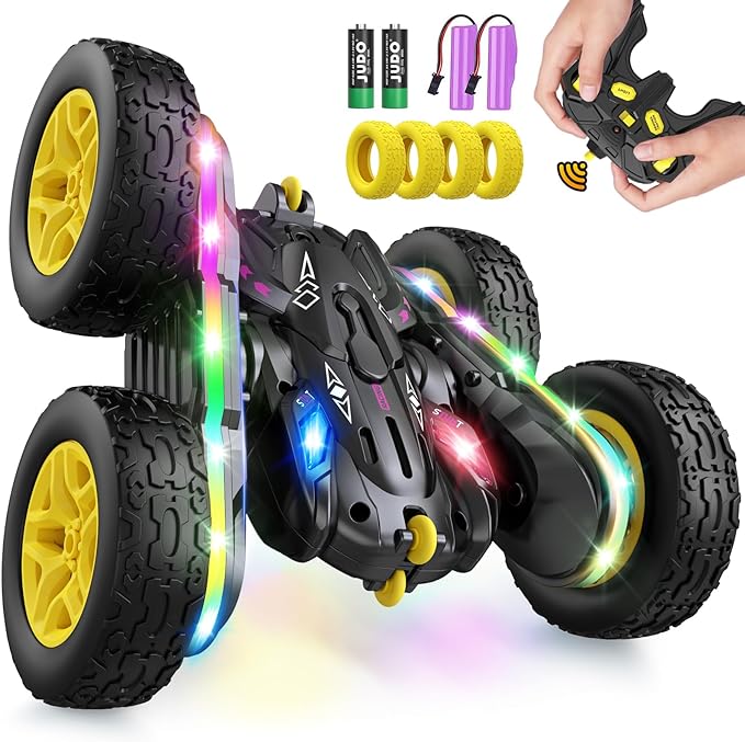 Stunt RC Cars, Remote Control Car,360 Flips Rotating, Double Sided RC Car with LED Lights, Rechargeable Electric 2.4Ghz All Terrain Drift Car Toys Birthday Gift for Kids 5-7 (Color As Pre Availability) - Toyigo