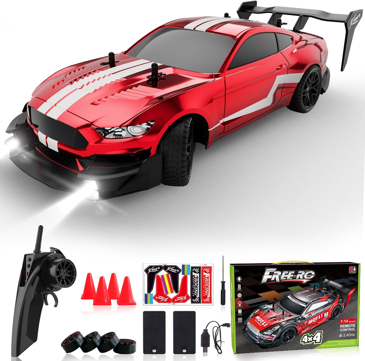 Remote Control Car, RC Drift Car,  1:16 Scale 4WD RC Car with LED Lights, 2.4GHz 30km/h RTR High Speed Racing Sport Toy Car, Adults Boys Girls Kids Gift 2Pcs Rechargeable Battery - Toyigo