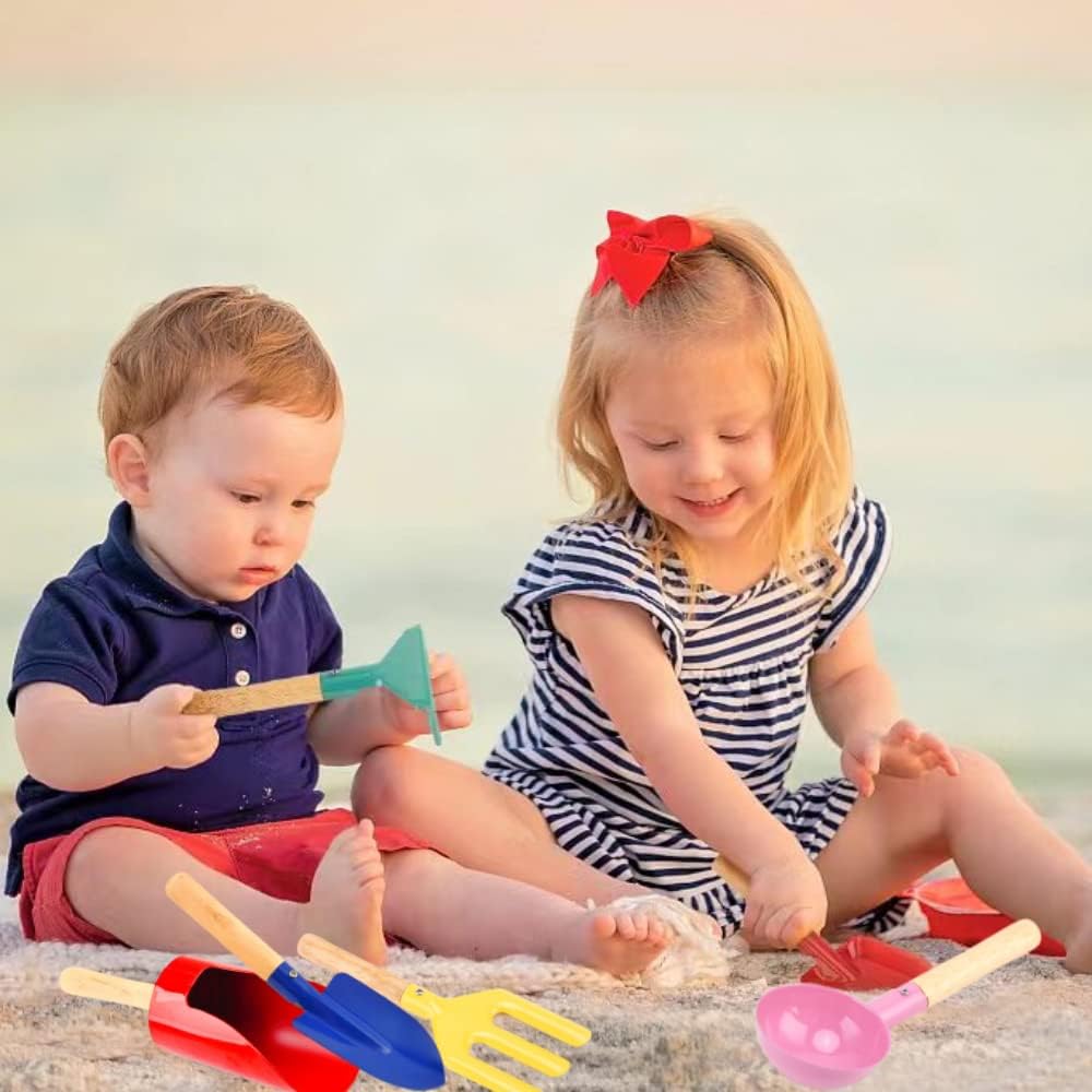 6 Piece Kids Beach Tools, Children Beach Sand Toys, Made of Metal with Sturdy Wooden Handle, Safe Beach Gardening Set, Spoon, Fork, Trowel, Rake & Shovel for Kids