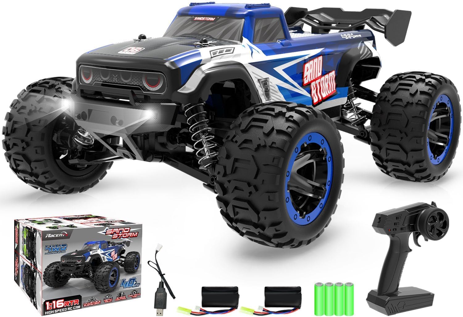 RC Truck Cars, 1:16 Scale All Terrain Monster Truck, 40KPH High Speed Remote Control Cars, 30MPH 4WD Off Road Monster Truck, 2.4Ghz Radio Control, 2 Rechargeable Batteries, 40+ Min Play, Gift for Boys Adults - Toyigo