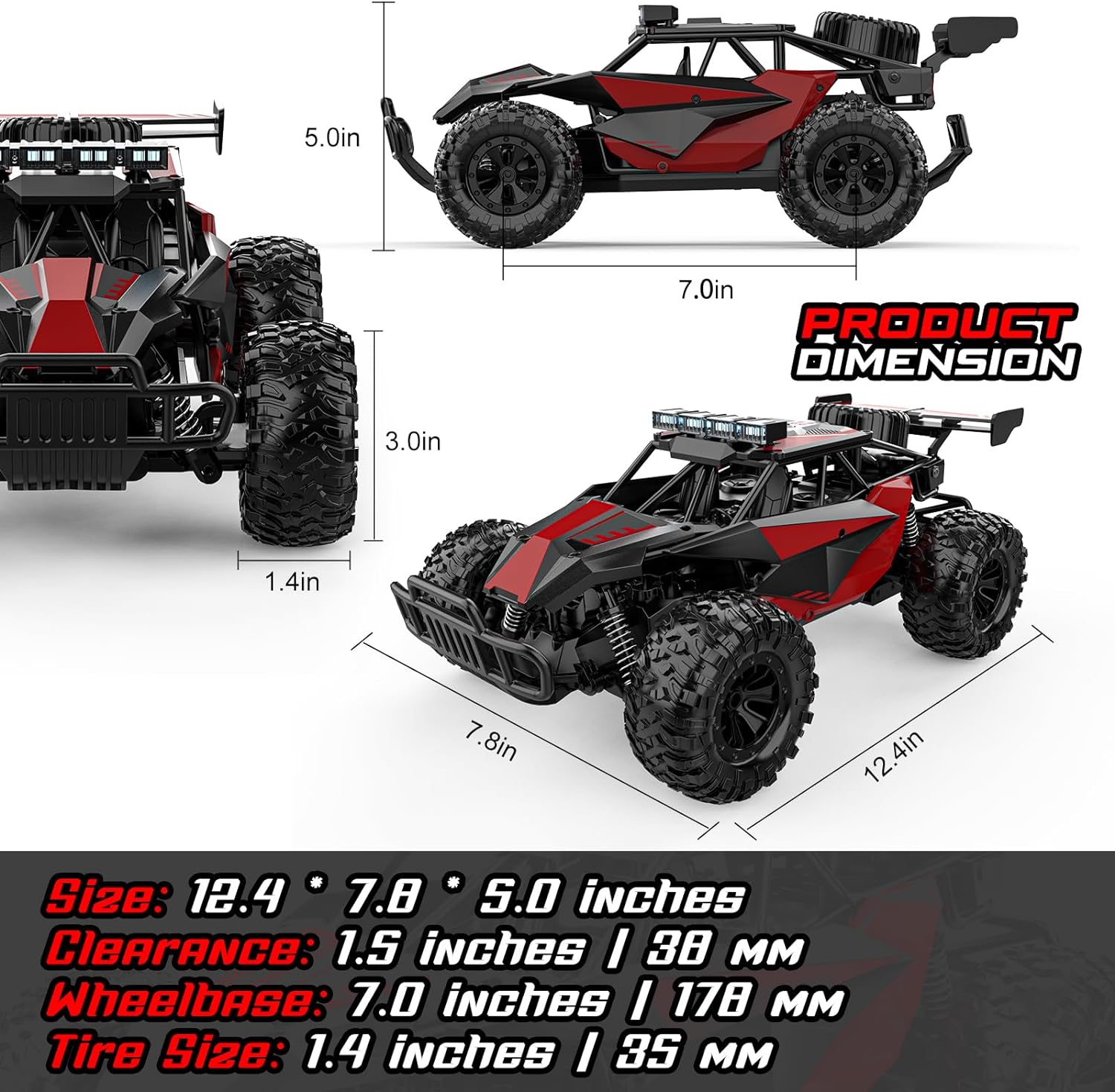 Remote Control Car, 2.4GHz High Speed 33KM/H RC Cars Toys, 1:12 Monster RC Truck Off Road, with LED Headlight and Rechargeable Battery Gifts for Adults Boys 8-12 - Toyigo