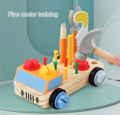 Wooden Assembly Tool Box for Kids - Simulation Repair Toys with Screws, Hammer, Nails, and Building Blocks