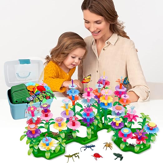 Dinosaur Flower Garden Building Blocks, Fine Motor Skill Stacking Games, Easter Basket Ideas STEM Toys for Kids Age 2+,Birthday Toys Gifts for 2 3 4 5 6 Years