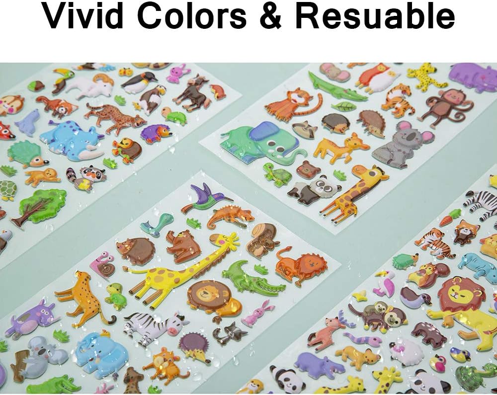 3D Puffy Stickers, Resuable Sticker for Toddler, Boys, Girls 4 Sheets for Kids, Mother Child Animals, Dogs, Cats, Elephant, Giraffe, Monkey, Sheep, Panda, Koala, Rabbit (Zoo)