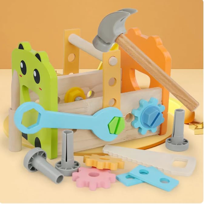 Wooden Assembly Tool Box for Kids - Simulation Repair Toys with Screws, Hammer, Nails, and Building Blocks