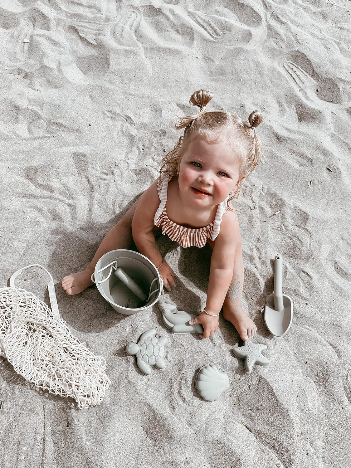 Silicone Summer Beach Set XL, Toddler Sandbox Toys  + Beach Bag + Watering Can & Rake (Warm Sand)