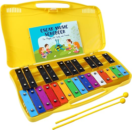 Glockenspiel Xylophone, 25 Note Colorful Metal Keys Xylophone for Kids, Percussion Musical Instrument, Includes Music Songbook with 20 Songs, Blue Carry Case - Toyigo