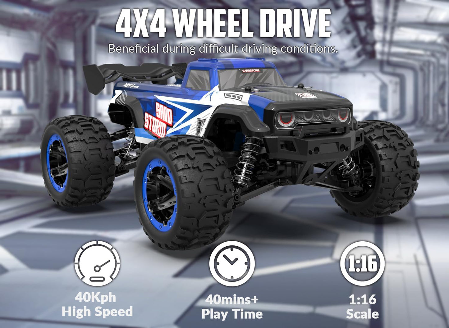 RC Truck Cars, 1:16 Scale All Terrain Monster Truck, 40KPH High Speed Remote Control Cars, 30MPH 4WD Off Road Monster Truck, 2.4Ghz Radio Control, 2 Rechargeable Batteries, 40+ Min Play, Gift for Boys Adults - Toyigo