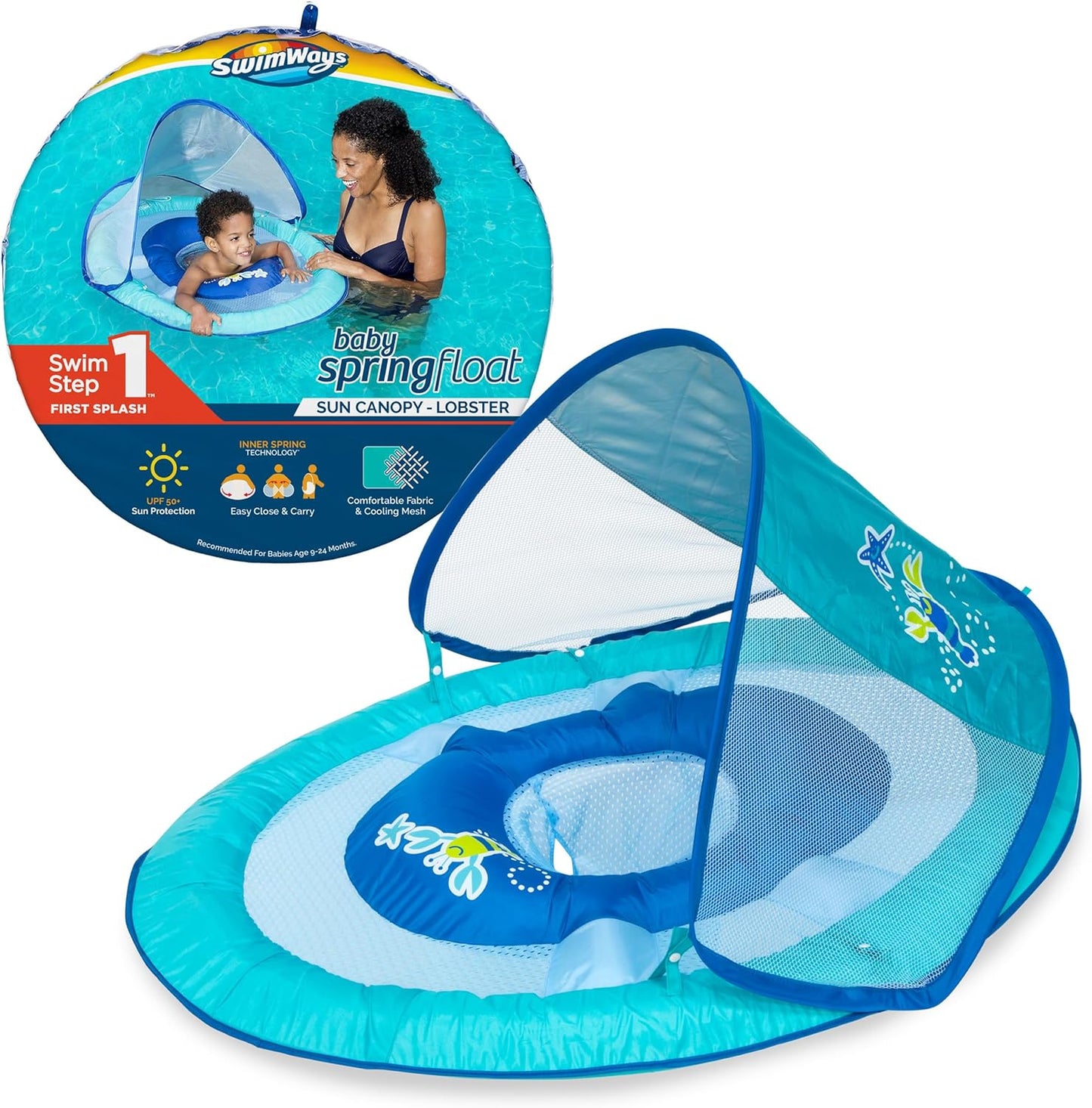 Baby Spring Float, Baby Pool Float with Canopy & UPF Protection, Swimming Pool Accessories for Kids 9-24 Months, Mermaid