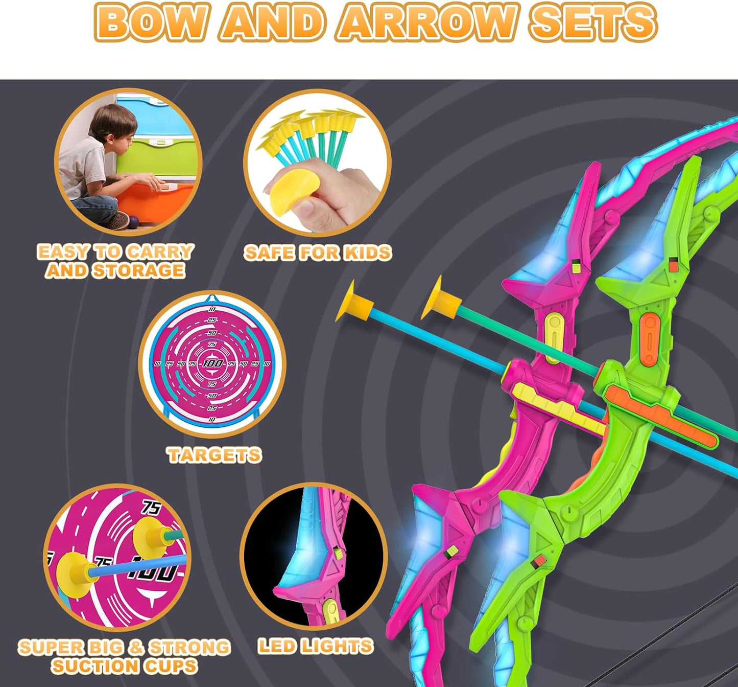 Bow and Arrow Set with LED Flash Lights, 2 Pack Kids 14 Suction Cup Arrows and Fluorescence Standing Target-Perfect Indoor and Outdoor Archery Set Toy Gift for Boys and Girls Ages 4-12