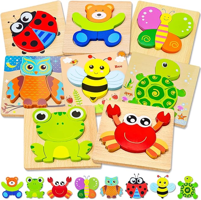 Animal Shape Wooden Puzzles for Toddlers Wooden Puzzles Toddler Toys,  Animal Jigsaw Puzzles Montessori Toys,Gifts for 1 2 3 Year Old Boys Girls, Learning Educational Christmas Birthday Gifts for Girls Boys Ages 1-3 Kids Toys