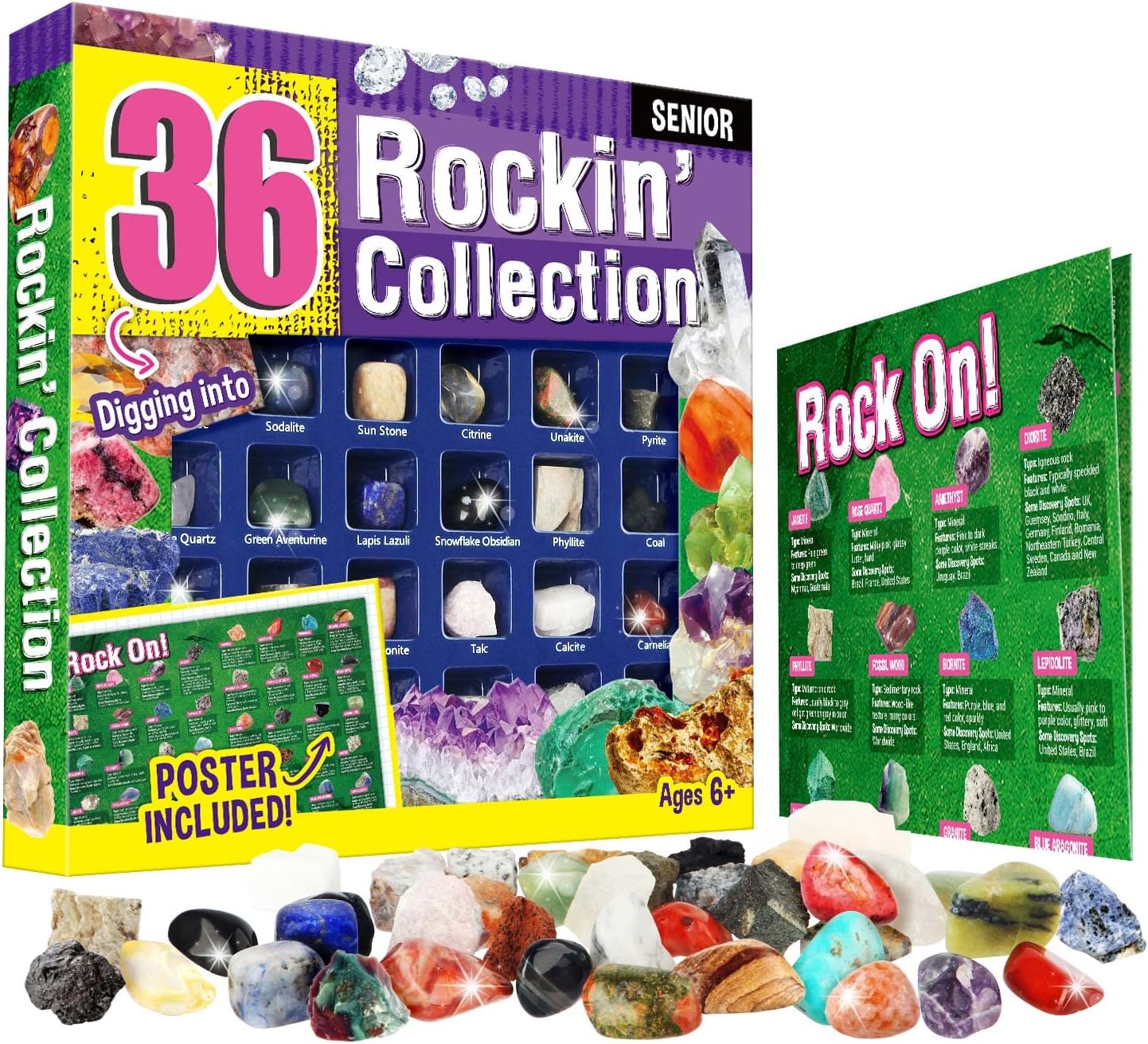 Educational Science Kit, Rock Collection Box for Kids,  25 Unique Gemstones, 36pcs Real Rock & Minerals Collection Geology Gemstone Kit, 48pcs Real Gemstone, Great STEM Gift for Boys & Girls - Toyigo