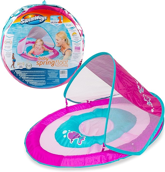 Baby Spring Float, Baby Pool Float with Canopy & UPF Protection, Swimming Pool Accessories for Kids 9-24 Months, Mermaid