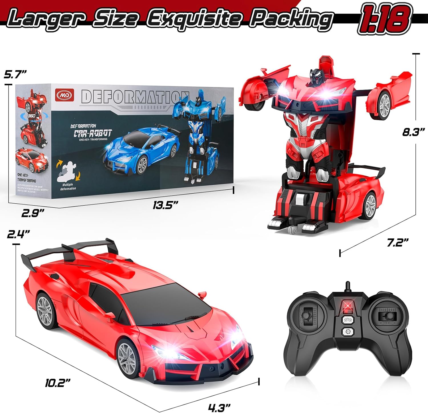 Remote Control Car, Transform Robot RC Cars, Cool LED Headlights, 2.4Ghz Toys Car, 360 Degree Rotation and One-Button Deformation, Christmas Birthday Gifts for Boys Girls - Toyigo