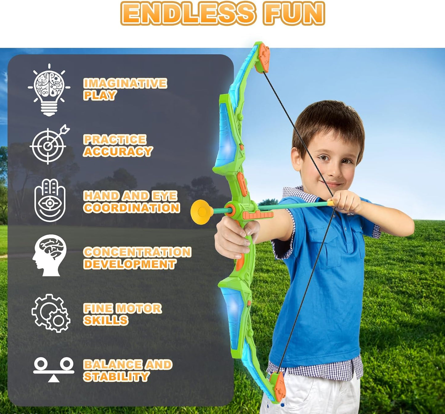 Bow and Arrow Set with LED Flash Lights, 2 Pack Kids 14 Suction Cup Arrows and Fluorescence Standing Target-Perfect Indoor and Outdoor Archery Set Toy Gift for Boys and Girls Ages 4-12