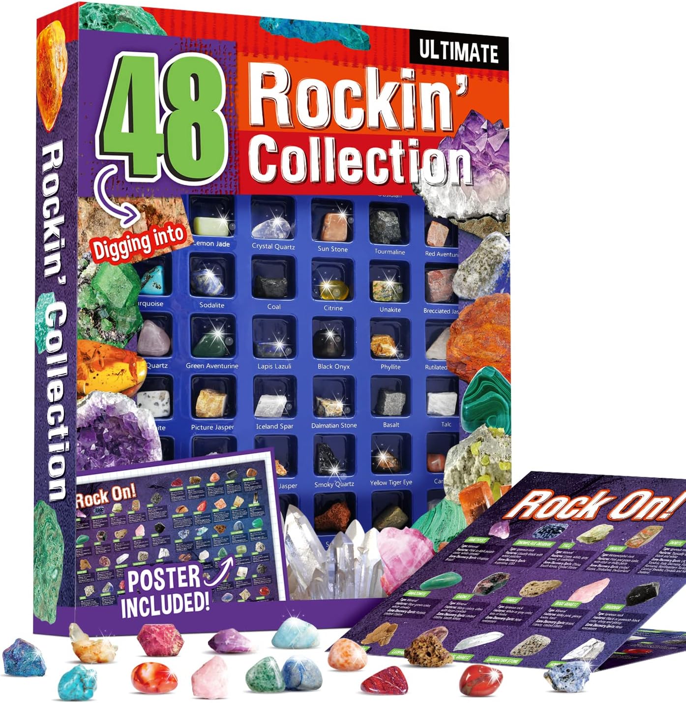 Educational Science Kit, Rock Collection Box for Kids,  25 Unique Gemstones, 36pcs Real Rock & Minerals Collection Geology Gemstone Kit, 48pcs Real Gemstone, Great STEM Gift for Boys & Girls - Toyigo