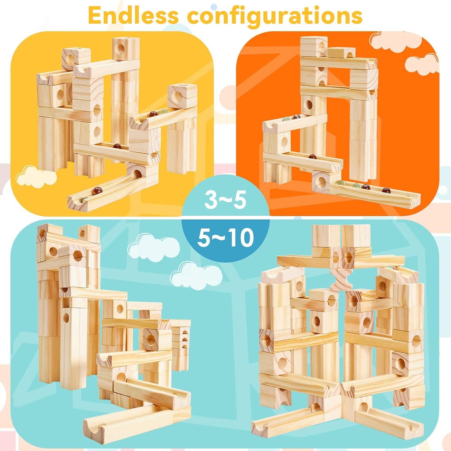 Wooden Marble Run includes 80 Wood Building Blocks Toys and 30 Colorful Glass Stones DIY Marble Maze Wood Marble Track Wooden Ramp Track Construction Set STEM Learning Toys for Gift