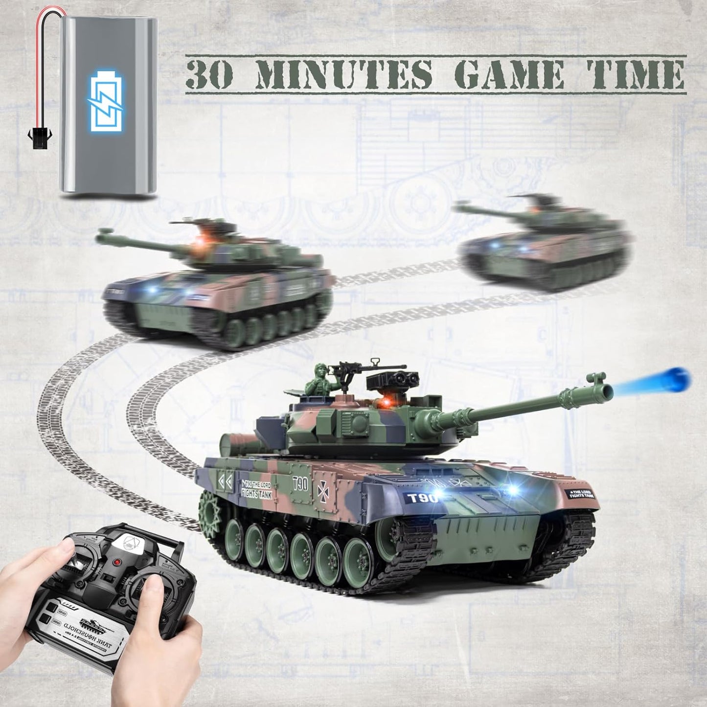 1:18 RC Tank, 2.4Ghz RUS T-90 Remote Control Tank Model Toys, Battle Army Tank, 15 Channel with Smoke, Light Sound, Volume Switch, Military Toy For Adults And Kids, RC Tank Toy That Shoots Airsoft BBs And Water Bombs - Toyigo