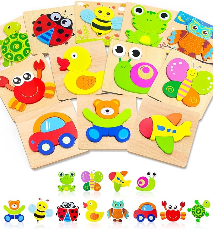 Animal Shape Wooden Puzzles for Toddlers Wooden Puzzles Toddler Toys,  Animal Jigsaw Puzzles Montessori Toys,Gifts for 1 2 3 Year Old Boys Girls, Learning Educational Christmas Birthday Gifts for Girls Boys Ages 1-3 Kids Toys