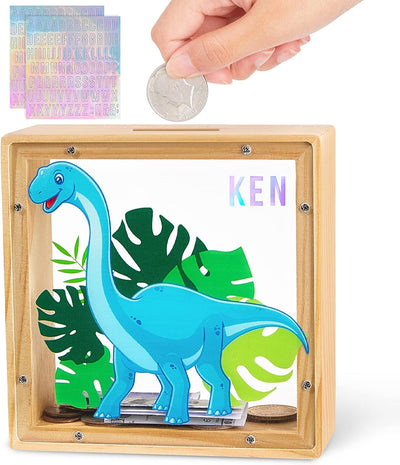 Piggy Bank for Kids, Wooden Money Coin Bank for Boys and Girls, Dinosaur Unicorn Piggy Banks with DIY Stickers for Birthday, Easter Gifts (Blue)