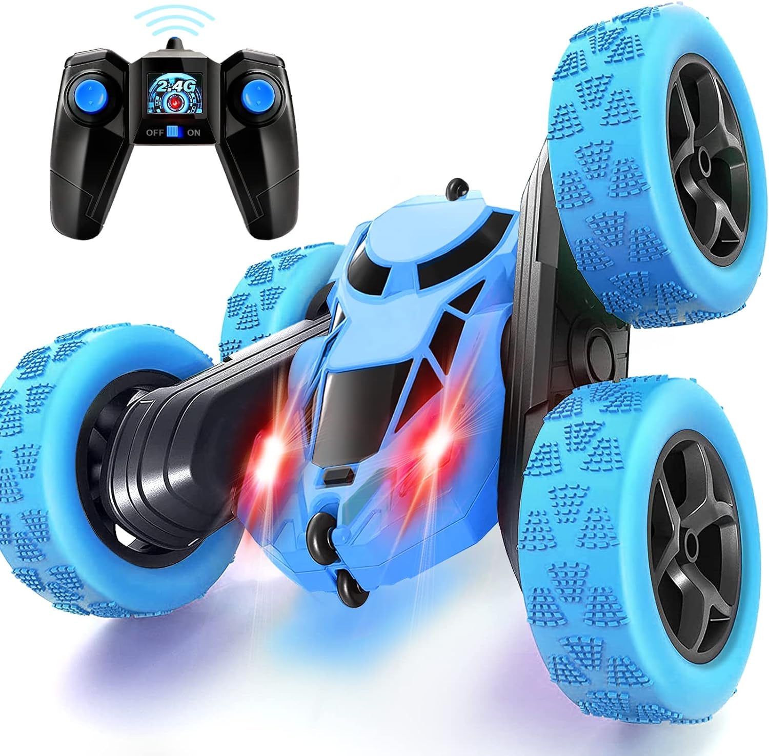 Remote Control Car, RC Race Car Toy, Stunt RC Cars, 90 Min Playtime, 2.4Ghz Double Sided 360ø Rotating RC Crawler with Headlights, 4WD Off Road Drift RC Race Car Toy for Boys and Girls Aged 6-12 Green, Blue - Toyigo