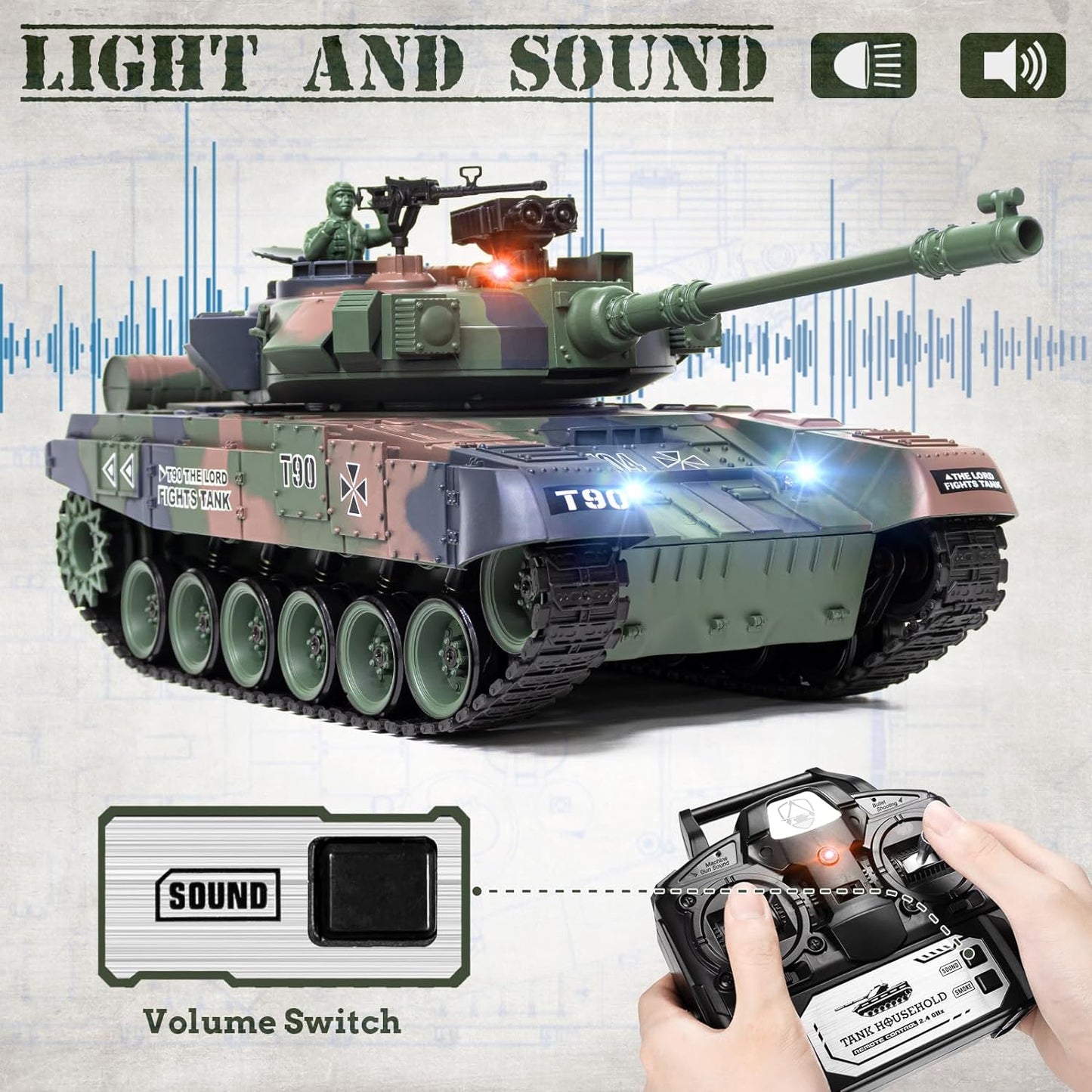 1:18 RC Tank, 2.4Ghz RUS T-90 Remote Control Tank Model Toys, Battle Army Tank, 15 Channel with Smoke, Light Sound, Volume Switch, Military Toy For Adults And Kids, RC Tank Toy That Shoots Airsoft BBs And Water Bombs - Toyigo