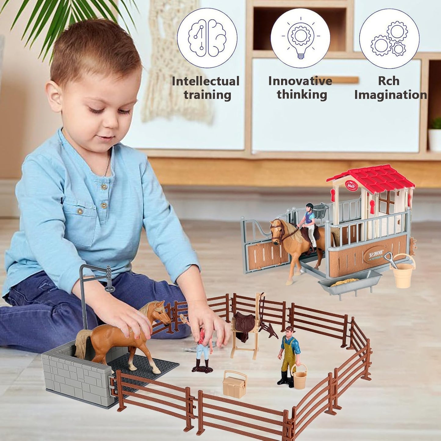 Horse Stable Playset with Wash Area & Fence, Includes Mustang Stallion, Barn, and Toy Figures for Kids