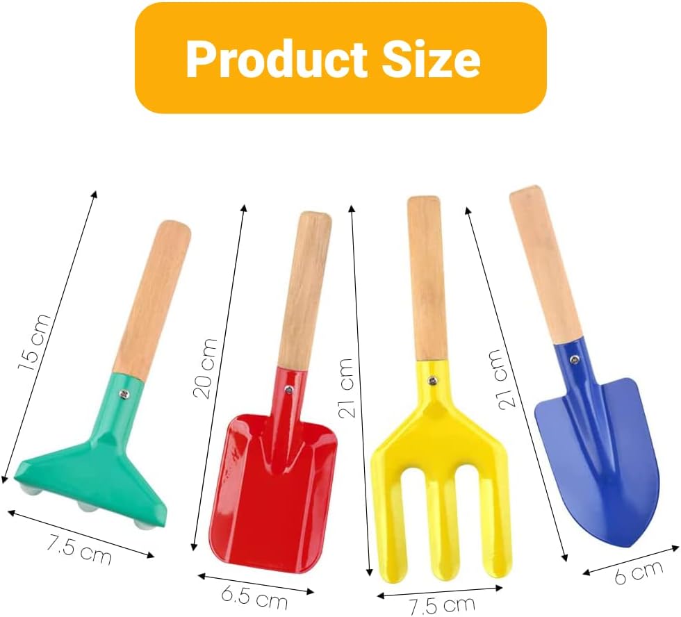 6 Piece Kids Beach Tools, Children Beach Sand Toys, Made of Metal with Sturdy Wooden Handle, Safe Beach Gardening Set, Spoon, Fork, Trowel, Rake & Shovel for Kids