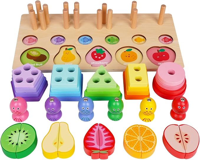 3-in-1 Multifunctional Wooden Toy Set - Fishing, Fruit Cutting, & Geometric Shape Matching for Early Childhood Education