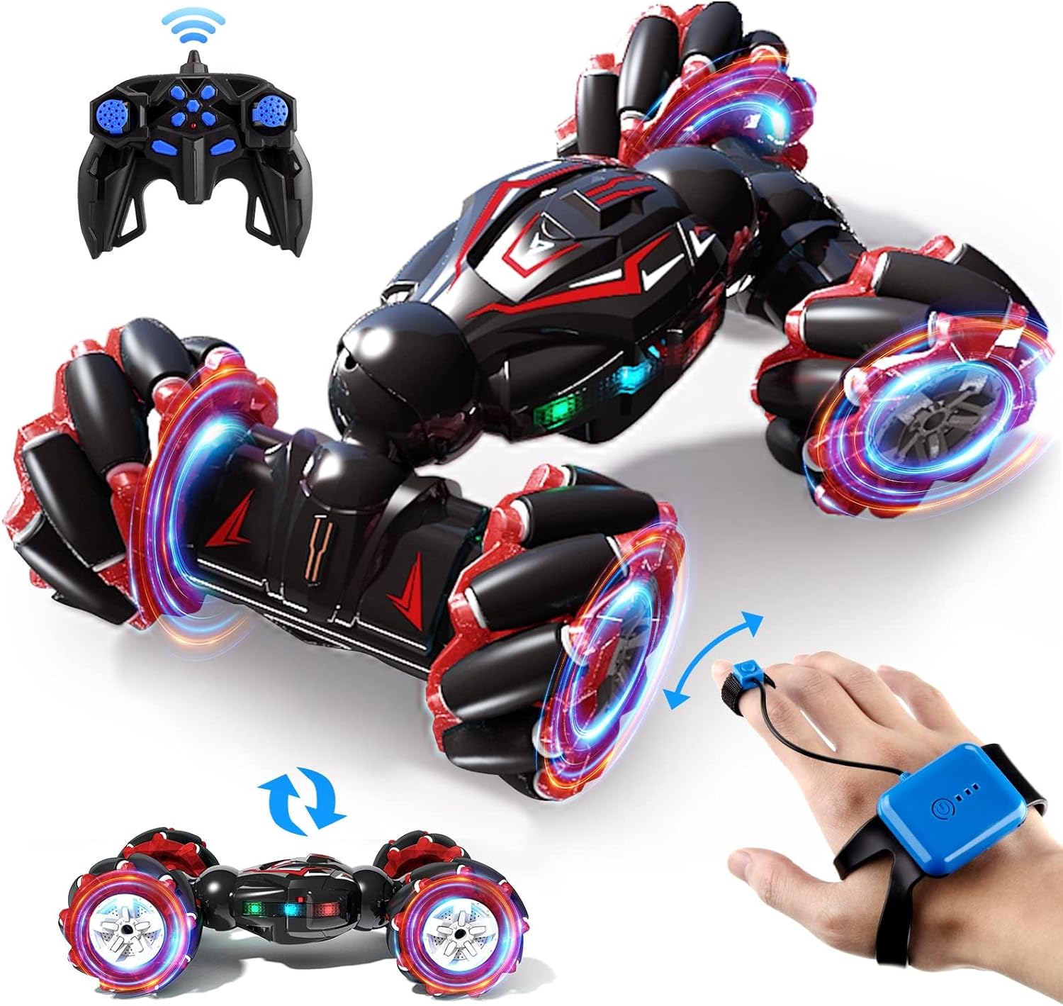 1:12 RC Stunt Car, 2.4GHz 4WD Remote Control Gesture Sensor Toy Cars, Double Sided Rotating Off Road Vehicle 360ø Flips, Lights Music, Music and Light RC Toy Car for Kids Birthday - Toyigo