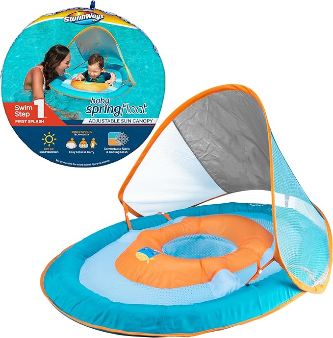 Baby Spring Float, Baby Pool Float with Canopy & UPF Protection, Swimming Pool Accessories for Kids 9-24 Months, Mermaid