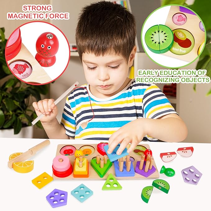 3-in-1 Multifunctional Wooden Toy Set - Fishing, Fruit Cutting, & Geometric Shape Matching for Early Childhood Education