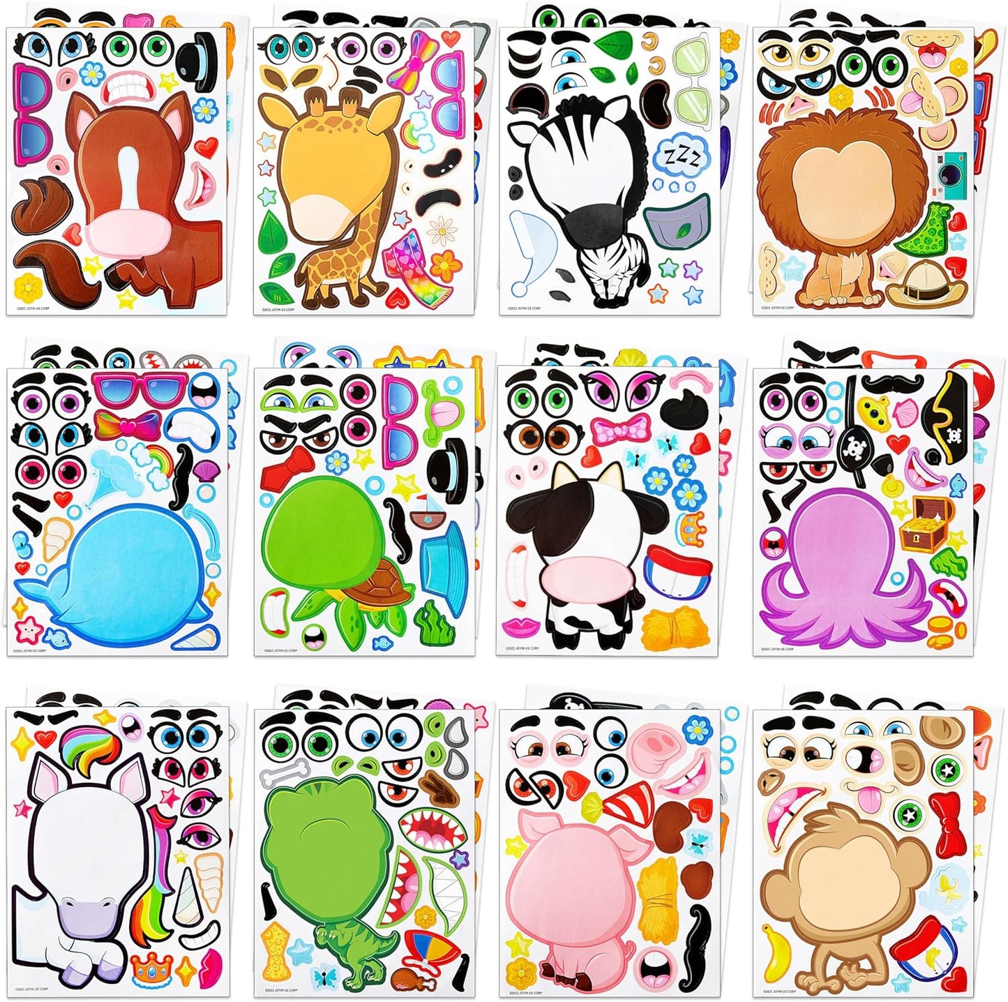 24 PCS 6 x 9 Make-a-face Sticker Sheets, Make Your Own Animal Dinosaur and Match Sticker Sheets with Dinosaur and Fantasy Animals Kids Party Favor Supplies Craft  for Kids