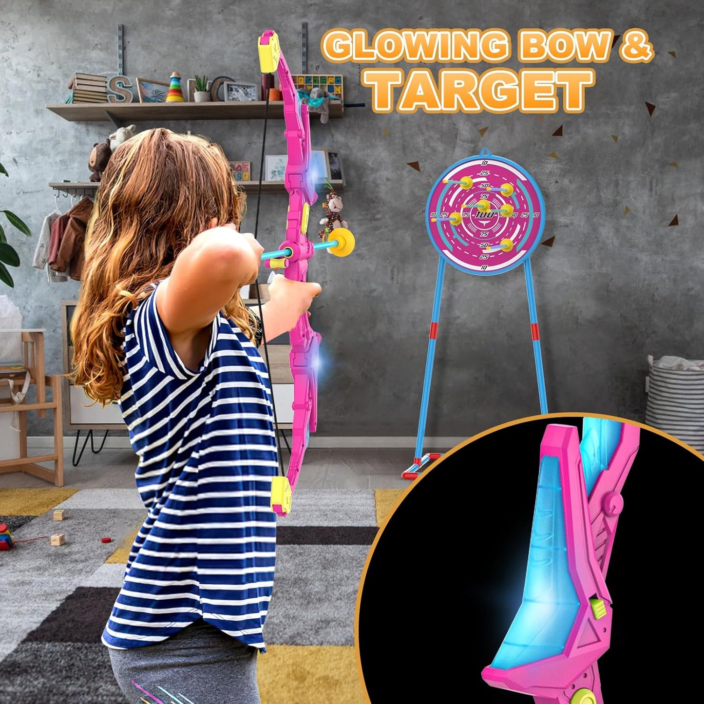 Bow and Arrow Set with LED Flash Lights, 2 Pack Kids 14 Suction Cup Arrows and Fluorescence Standing Target-Perfect Indoor and Outdoor Archery Set Toy Gift for Boys and Girls Ages 4-12