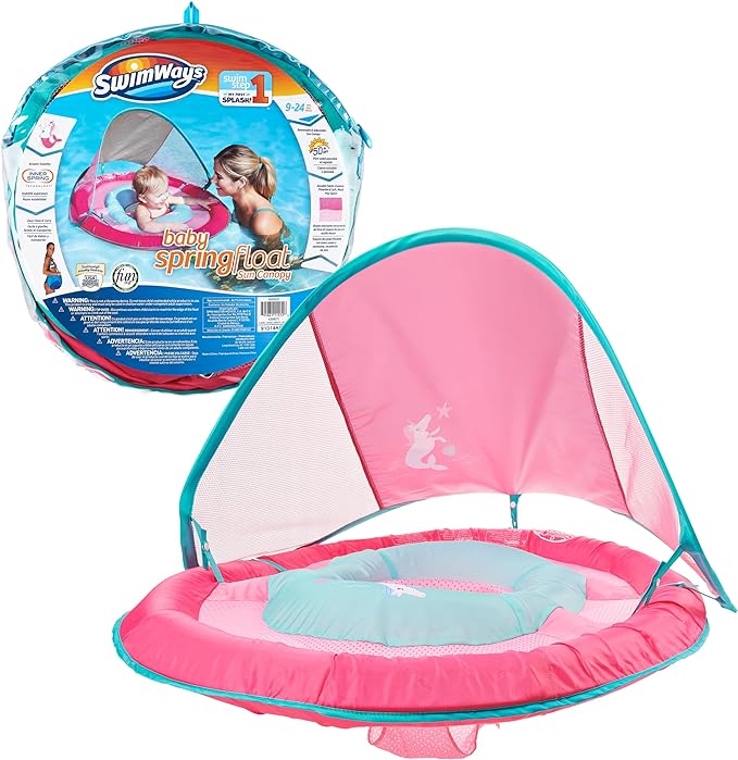 Baby Spring Float, Baby Pool Float with Canopy & UPF Protection, Swimming Pool Accessories for Kids 9-24 Months, Mermaid