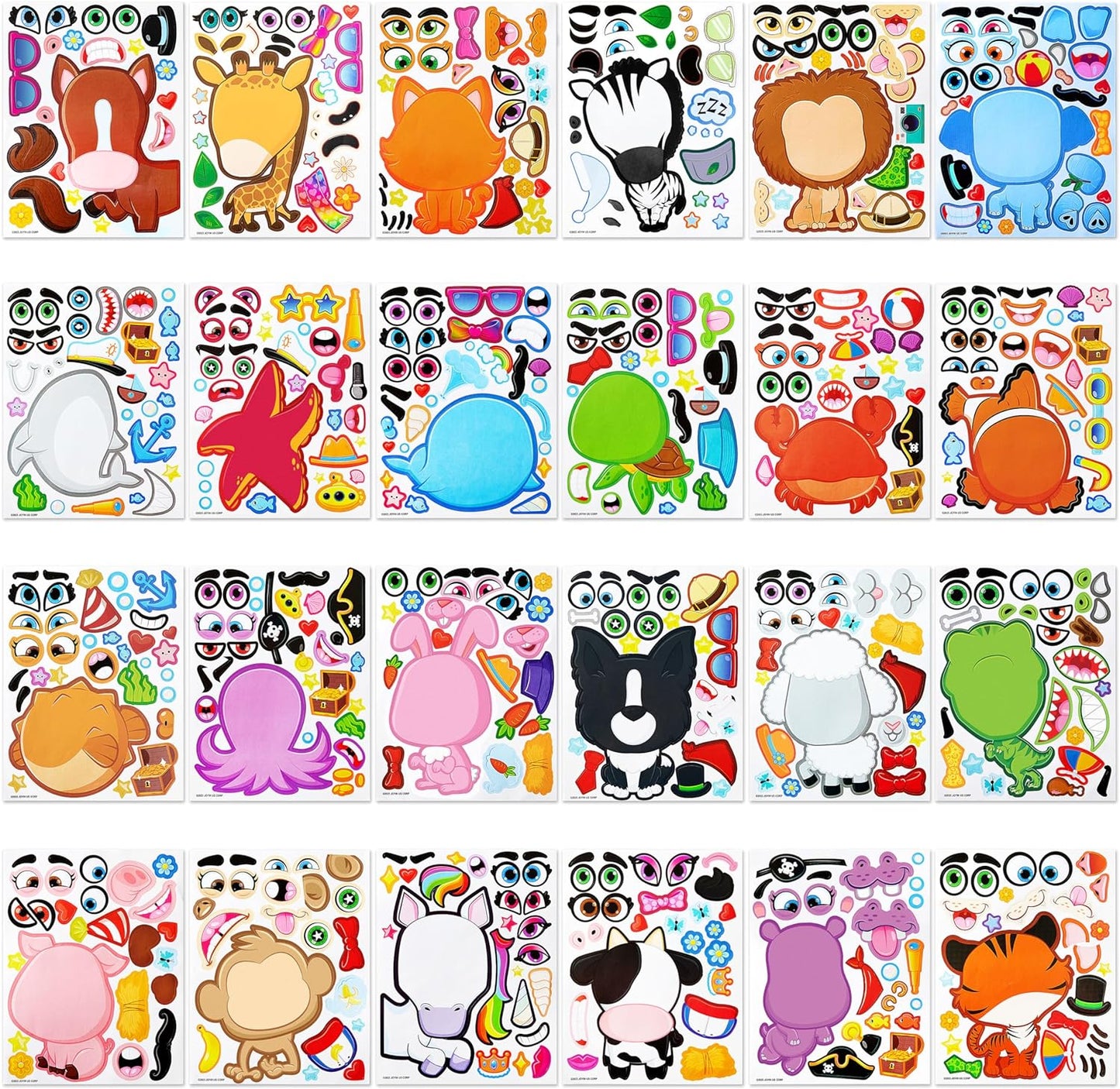 24 PCS 6 x 9 Make-a-face Sticker Sheets, Make Your Own Animal Dinosaur and Match Sticker Sheets with Dinosaur and Fantasy Animals Kids Party Favor Supplies Craft  for Kids