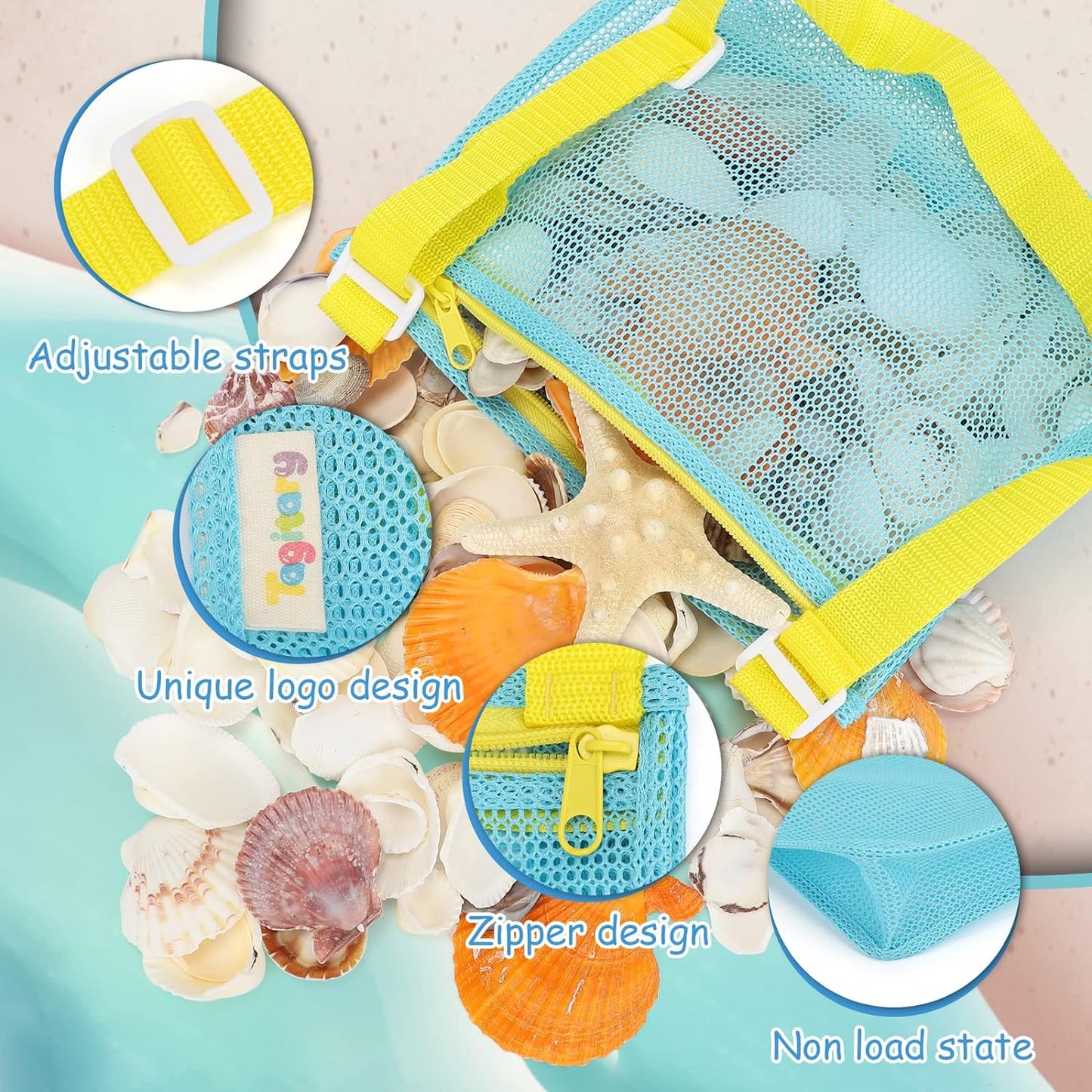 Beach Toy Mesh Beach Bag Kids, Shell Collecting Bag Beach Sand Toy, Seashell Bag Swimming Accessories for Boys and Girls (Only Bags, A Set of 3)