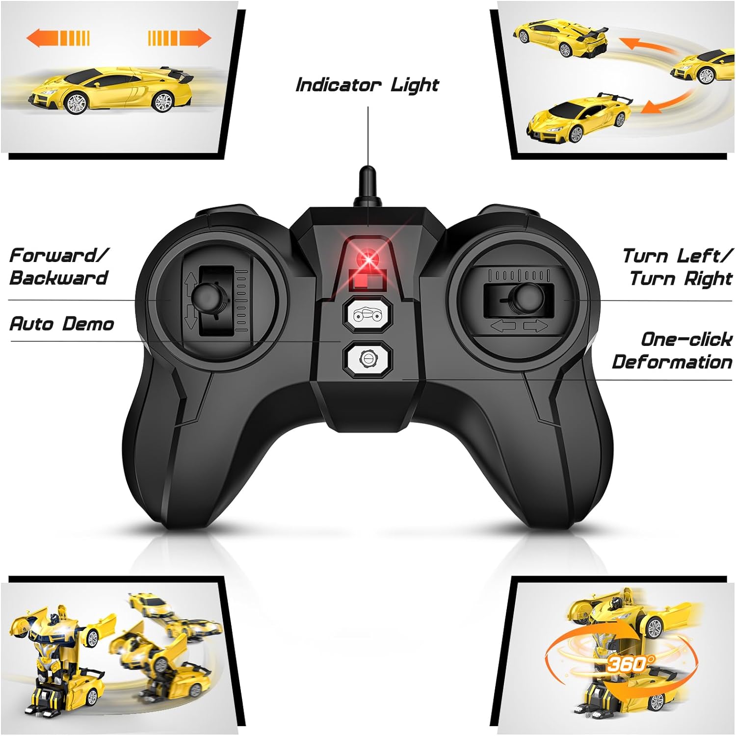 Remote Control Car, Transform Robot RC Cars, Cool LED Headlights, 2.4Ghz Toys Car, 360 Degree Rotation and One-Button Deformation, Christmas Birthday Gifts for Boys Girls - Toyigo