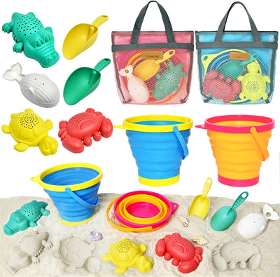 Collapsible Beach Sand Toys, Travel Beach Toys with 2 Collapsible Beach Buckets, Mesh Bags, Sand Molds, Sand Scoops, Sand Bucket Shovel Set Sandbox Toys for Toddler Ages 3-10  for Kids