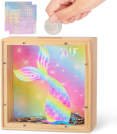 Piggy Bank Girls Wooden Piggy Bank, Kids Mermaid Money Bank, Coin Bank with DIY Letter Stickers,Rainbow Mermaid