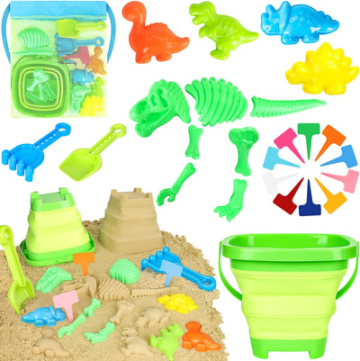 Beach Toys Sand Toys, Dinosaur Sand Toys with Collapsible Beach Bucket and Mesh Bag, Dinosaur Sand Molds, Shovel and Rake, Sandbox Toys for Toddlers, Travel Beach Toys for Kids 3-10