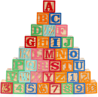 Wooden ABC Toy, Building Blocks for Toddlers 1-3, 36 PCS Wood Alphabet Number Blocks,  Educational Montessori Sensory Toys Stacking Learning Preschool for Kids Boys Girls Gifts 1.7"