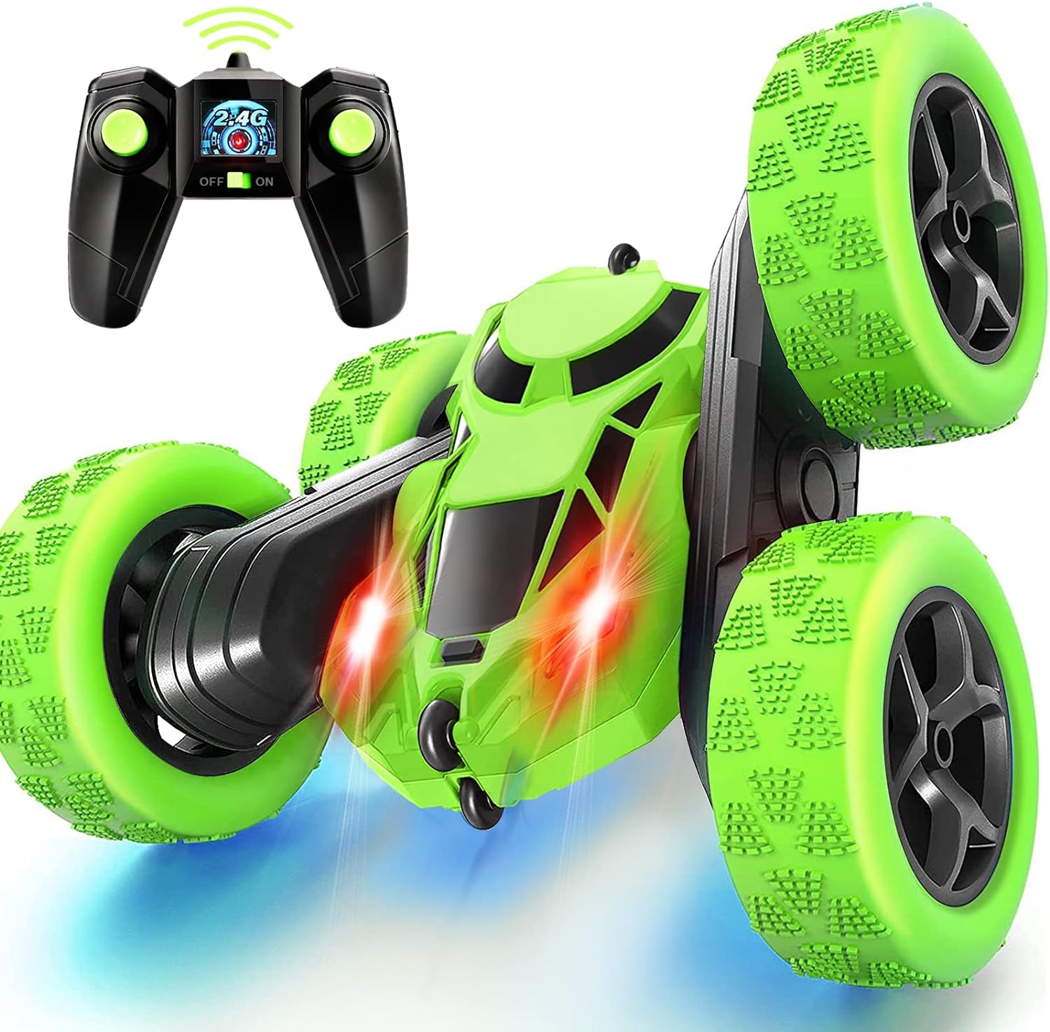 Remote Control Car, RC Race Car Toy, Stunt RC Cars, 90 Min Playtime, 2.4Ghz Double Sided 360ø Rotating RC Crawler with Headlights, 4WD Off Road Drift RC Race Car Toy for Boys and Girls Aged 6-12 Green, Blue - Toyigo