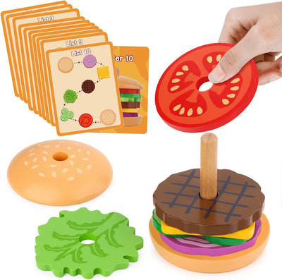 Montessori Stacking Toys, Educational Learning Toy, Wooden Burger for 3 Year Old Toddlers, Fine Motor Skill Development, Toddler Stacking Toy - Toyigo