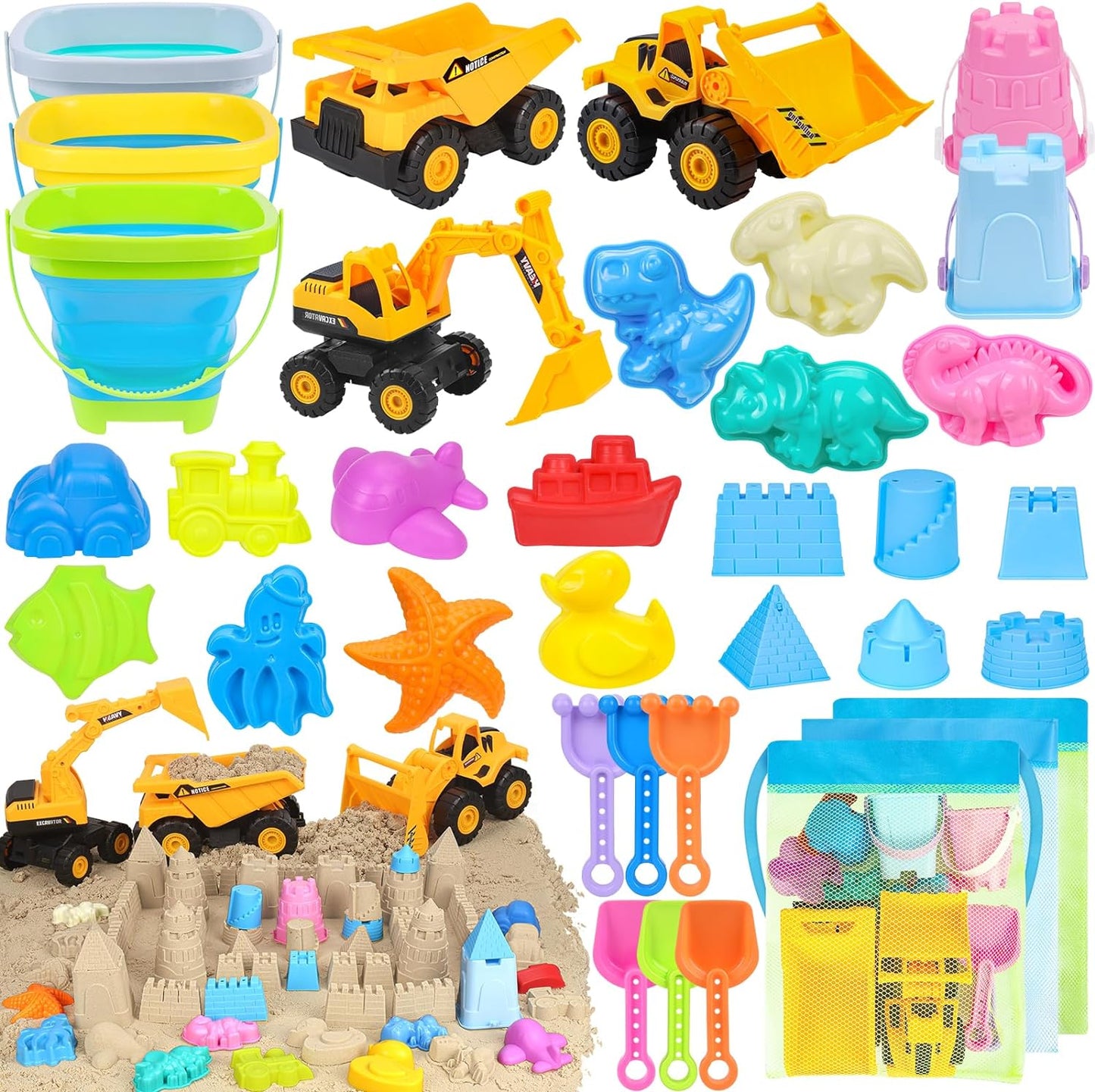 Beach Toys, 35Pcs Sand Toys, Sandbox Toys with 3 Truck 3 Collapsible Beach Bucket, Sand Castle Toys Kit, Animal Dinosaur Molds, Shovel Set, Mesh Bag, Travel Toys for Kids Toddlers Boys Girls